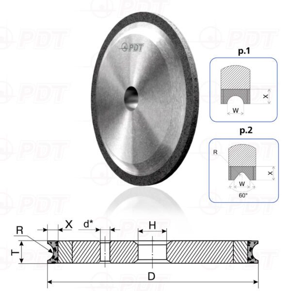 14F6V-8 14F6V. Flat diamond grinding wheels with semicircular-concave profile