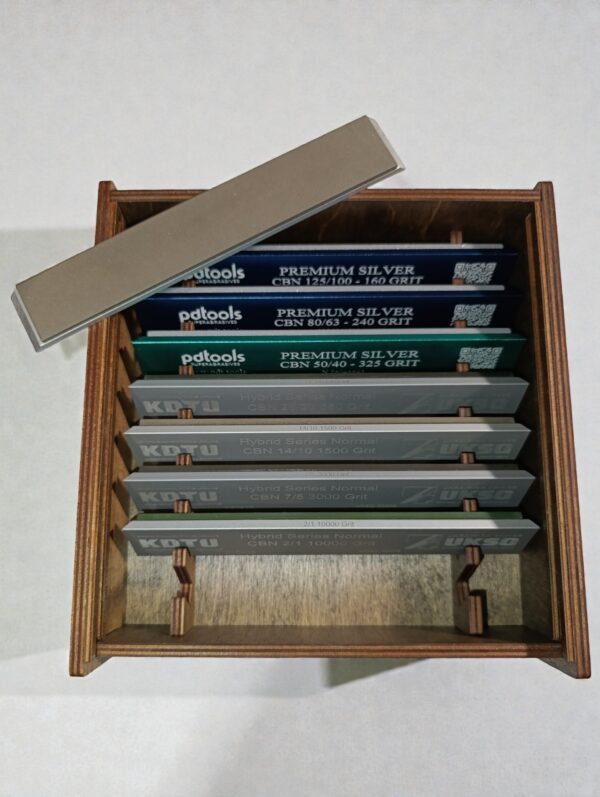 PDT and KDTU CBN sharpening stones set with vitrified-metal and hybrid bond technologies